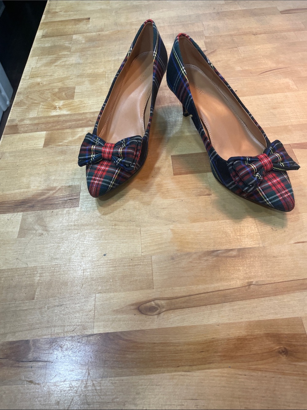 J. Crew Navy and Red Plaid Bow Pointed-Toe Kitten Heels